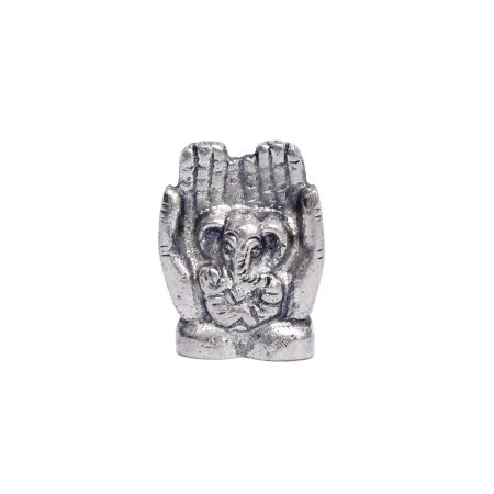 Brass Lord Ganesha Sitting On Hand Statue In Silver Finish 
